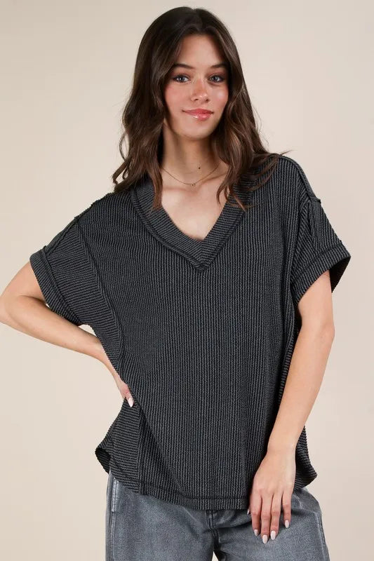 VERY J Plus Size Soft Two Tone Casual Comfy Ribbed Knit Top - Brittney MADE