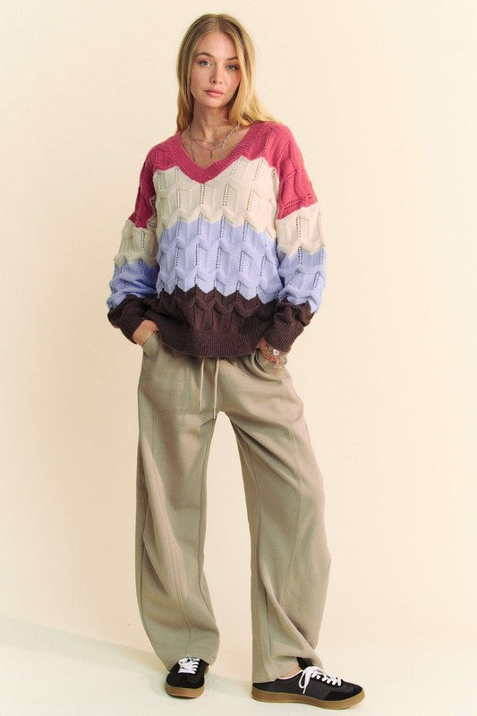 Davi & Dani Wavy Texture Color Block V-Neck Sweater - Brittney MADE