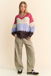 Davi & Dani Wavy Texture Color Block V-Neck Sweater - Brittney MADE