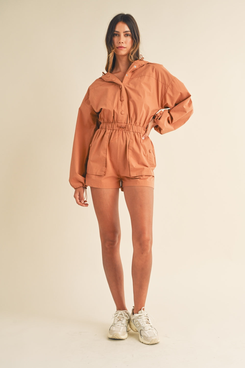 Mable Snap Down Long Sleeve Hooded Romper - Brittney MADE