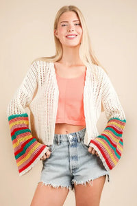 VERY J Color Block Bell Sleeve Openwork Cardigan - Brittney MADE