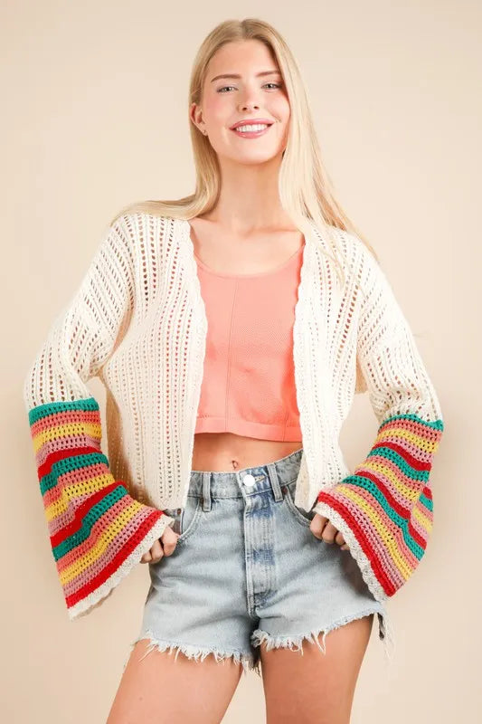 VERY J Color Block Bell Sleeve Openwork Cardigan - Brittney MADE
