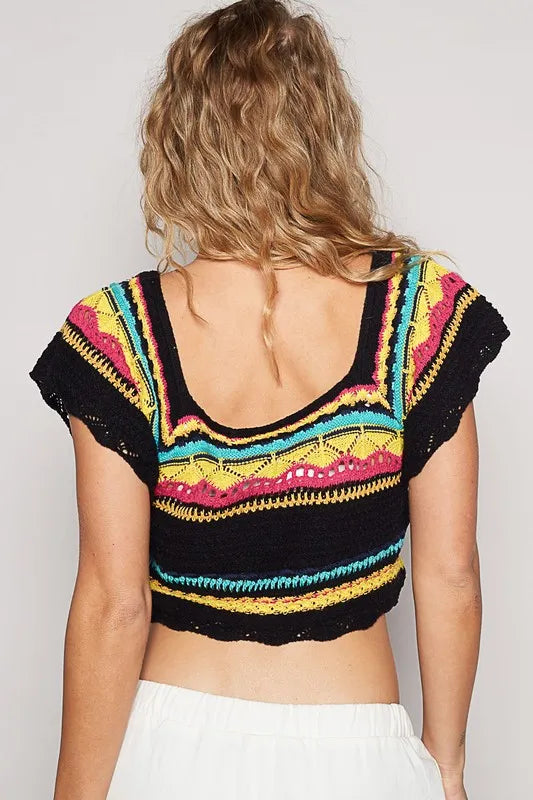 POL Openwork Ethnic Pattern Square Neck Cropped Knit Top - Brittney MADE