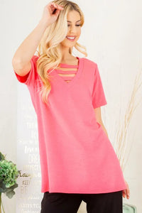 Heimish Full Size V-Neck Short Sleeve T-Shirt with Bar Detail Plus Size - Brittney MADE