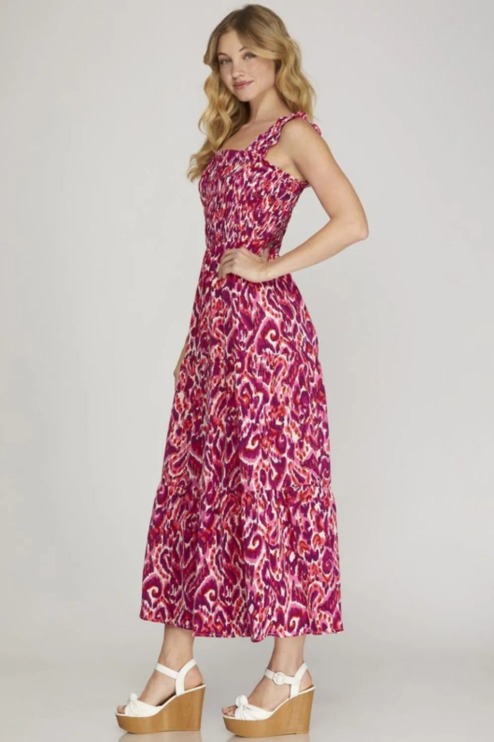 She + Sky Full Size Smocked Printed Wide Strap Tiered Dress Plus Size - Brittney MADE