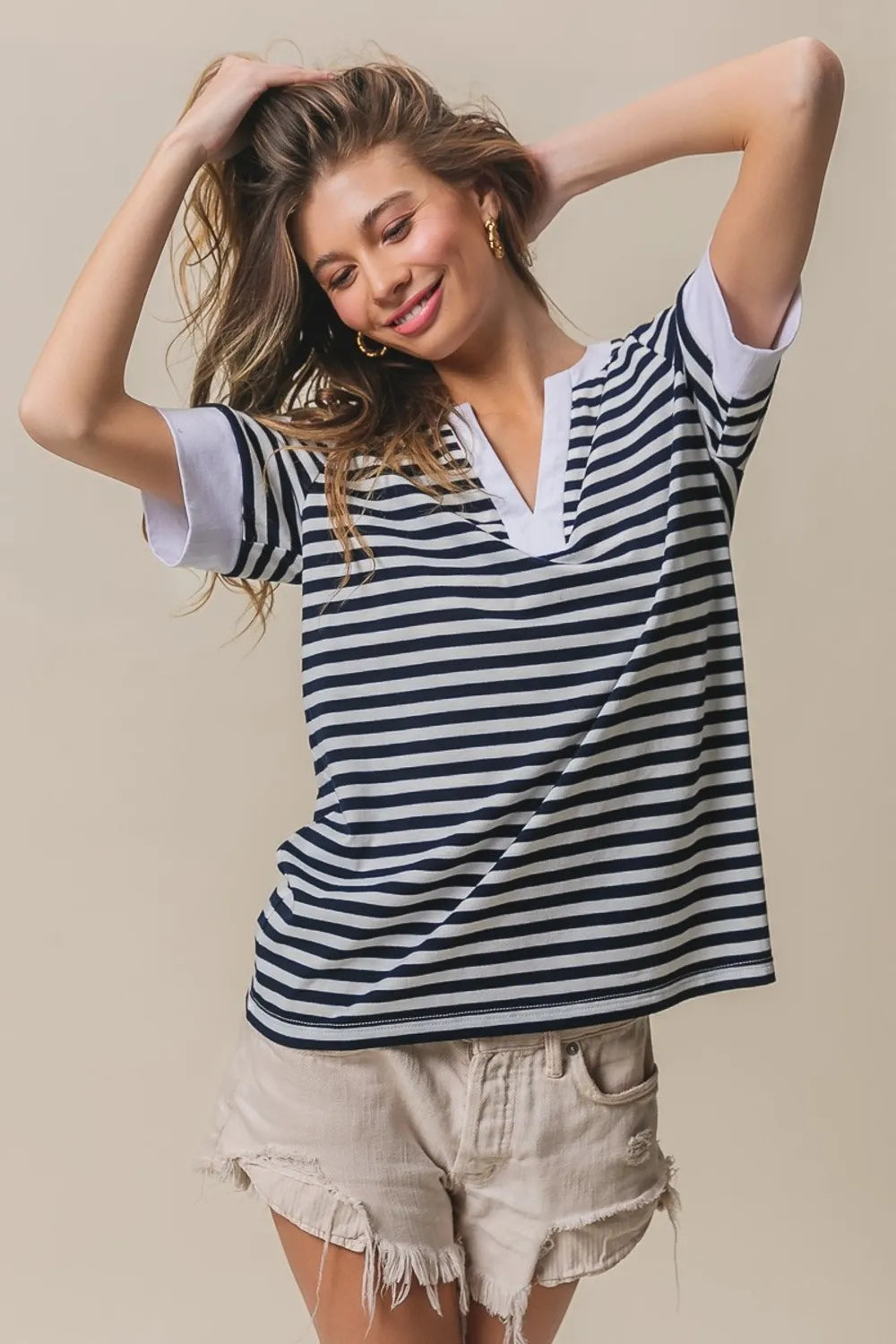 BiBi Contrast Striped Notched Knit Top - Brittney MADE