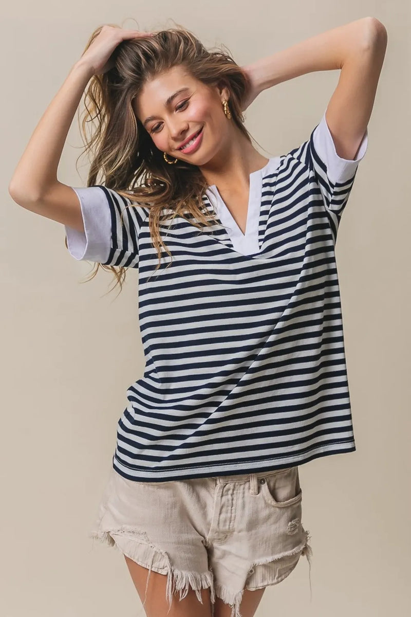BiBi Contrast Striped Notched Knit Top - Brittney MADE