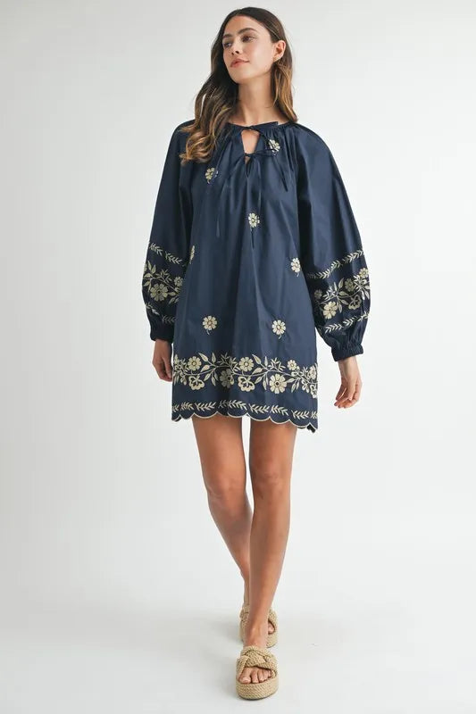 MABLE Embroidered Long Sleeve Peasant Mini Dress - Brittney MADE