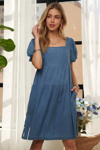 ADORA Square Neck Puff Sleeve Denim Dress - Brittney MADE
