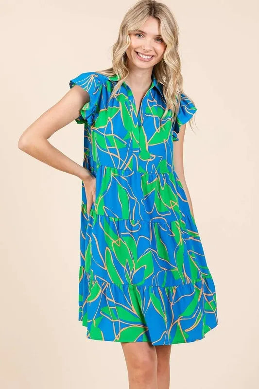 Mittoshop Leaf Print Ruffle Sleeve Tiered Mini Dress - Brittney MADE