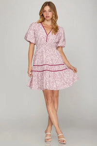 She + Sky Full Size Printed V-Neck Puff Sleeve Tiered Dress Plus Size - Brittney MADE