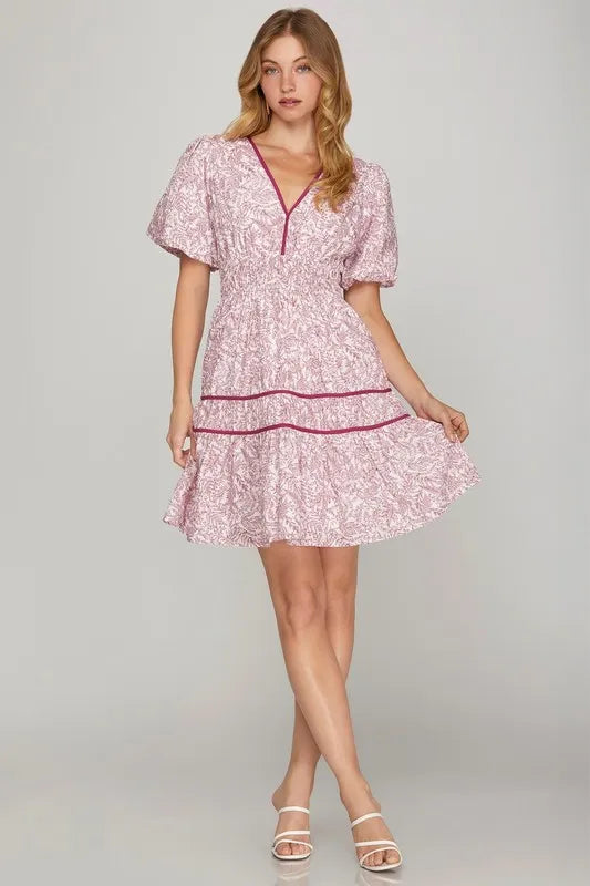 She + Sky Full Size Printed V-Neck Puff Sleeve Tiered Dress Plus Size - Brittney MADE