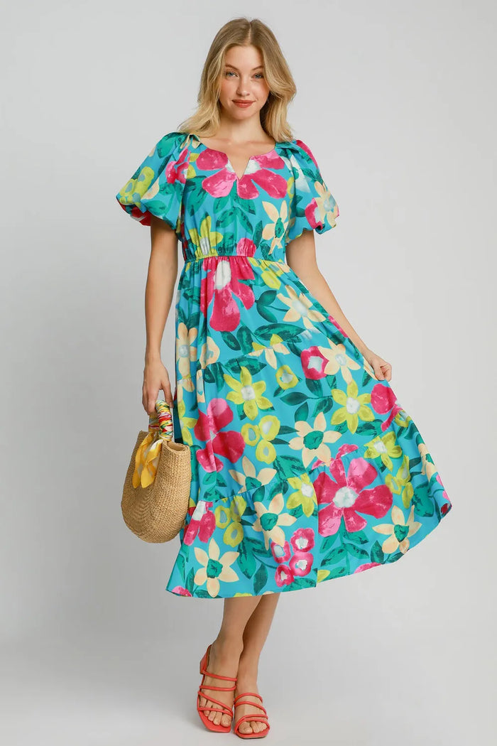 Umgee Full Size Tiered Floral Print Notched Puff Sleeve Midi Dress Plus Size - Brittney MADE