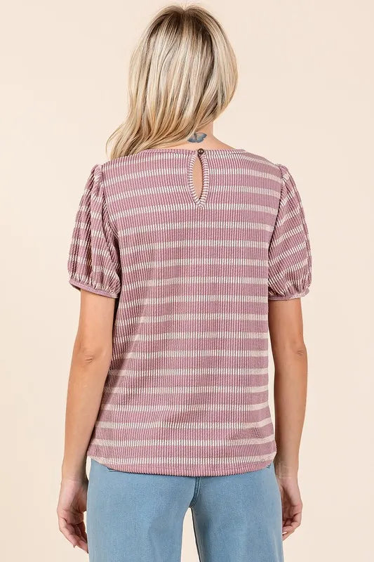 Mittoshop Contrast Striped Short Puff Sleeve Knit Top - Brittney MADE
