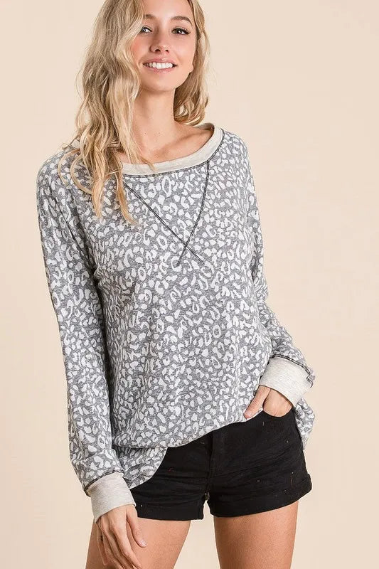 BiBi Leopard Round Neck Long Sleeve T-Shirt - Brittney MADE