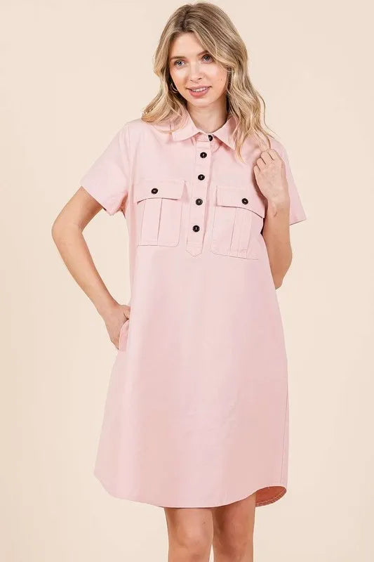 Mittoshop Button Detail Collared Neck Short Sleeve Shirt Dress - Brittney MADE