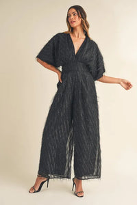 MABLE Fluffy Deep V Neck Wide Leg Jumpsuit - Brittney MADE