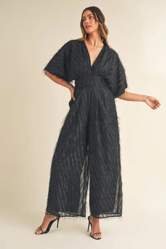 MABLE Fluffy Deep V Neck Wide Leg Jumpsuit - Brittney MADE