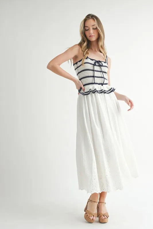 MABLE Crochet Stripe Knit Eyelet Mix Midi Dress - Brittney MADE