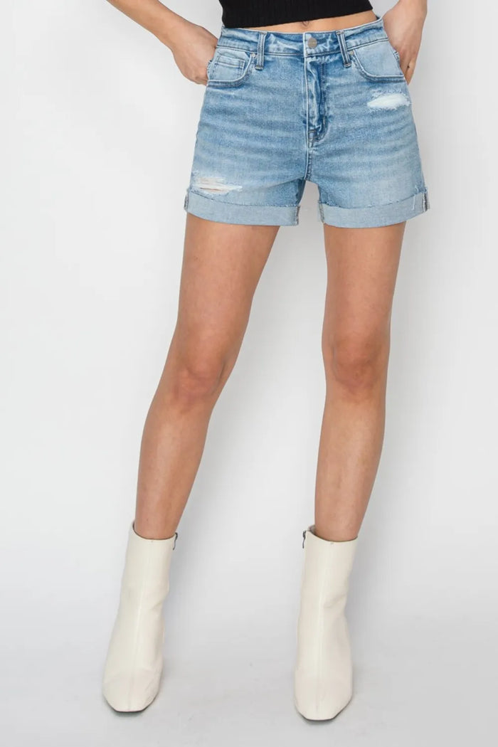 RISEN Distressed Mid-Rise Waist Denim Shorts - Brittney MADE