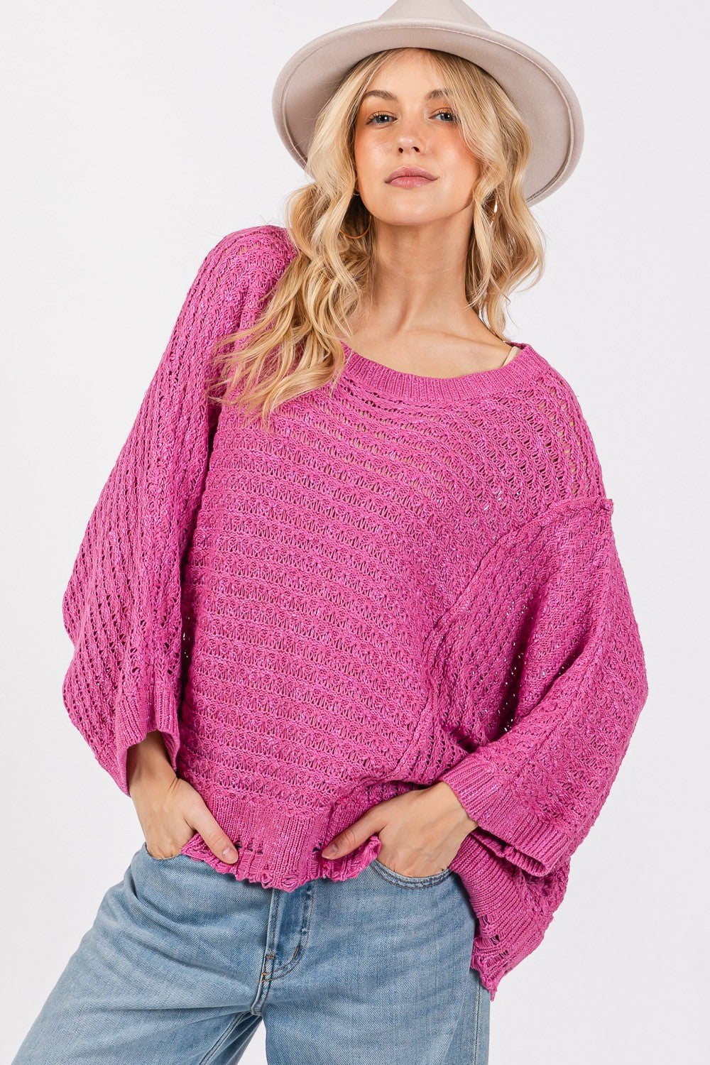 SAGE + FIG Distressed Asymmetrical Open Stitch Sweater - Brittney MADE