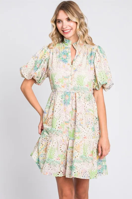 GeeGee Floral Eyelet Lace Puff Sleeve Mini Dress - Brittney MADE