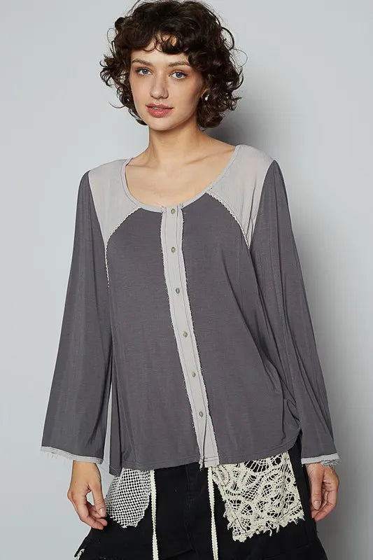 POL Contrast Button Front Long Sleeve Knit Top - Brittney MADE