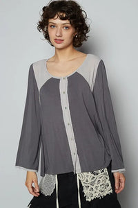 POL Contrast Button Front Long Sleeve Knit Top - Brittney MADE