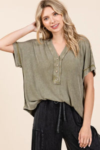 Mittoshop Mineral Wash Henley Short Sleeve Waffle Knit Top - Brittney MADE
