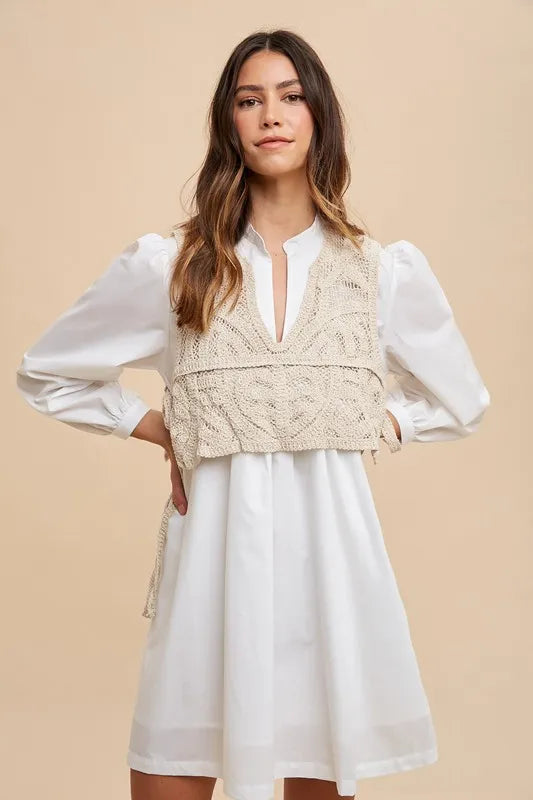 Annie Wear Crochet Vest Notched Long Sleeve Shirt Dress - Brittney MADE