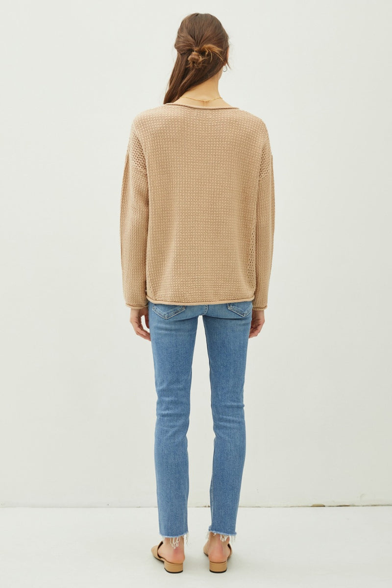 Be Cool Rolled Openwork Round Neck Sweater - Brittney MADE
