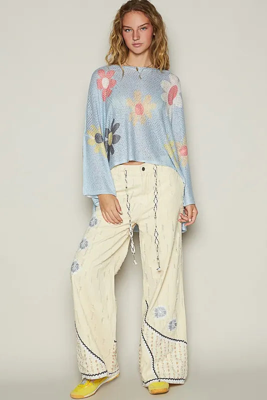 POL Flower Dropped Shoulder Long Sleeve Knit Top - Brittney MADE