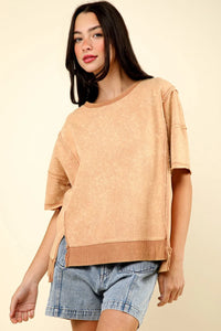 VERY J Round Neck Exposed Seam Slit T-Shirt - Brittney MADE