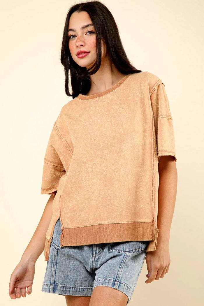 VERY J Round Neck Exposed Seam Slit T-Shirt - Brittney MADE