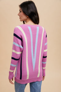 Annie Wear Chevron Stripe Round Neck Ribbed Sweater - Brittney MADE