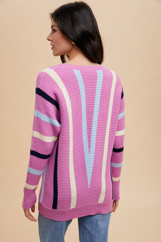 Annie Wear Chevron Stripe Round Neck Ribbed Sweater - Brittney MADE