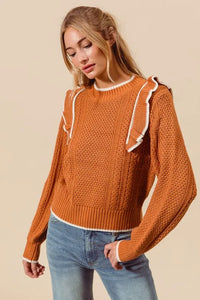 SO ME Ruffled Round Neck Cable Knit Top - Brittney MADE