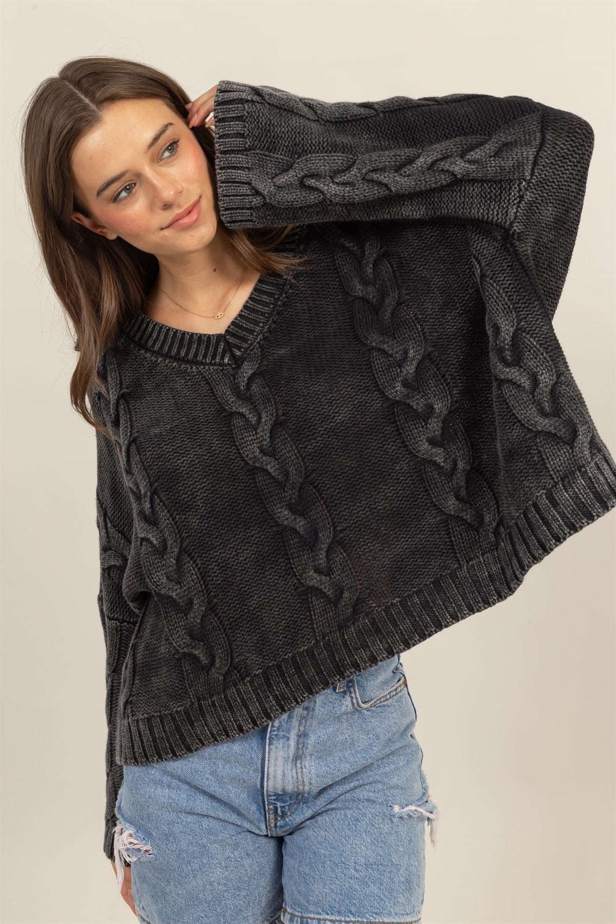 HYFVE Cable Knit V-Neck Dropped Shoulder Oversized Sweater - Brittney MADE