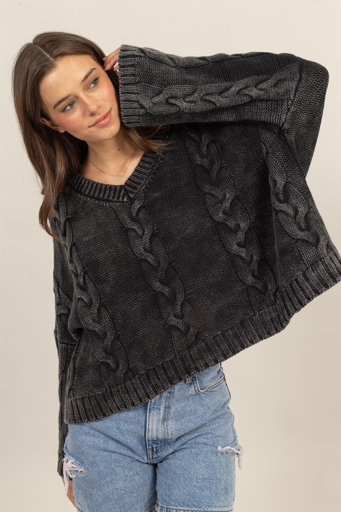 HYFVE Cable Knit V-Neck Dropped Shoulder Oversized Sweater - Brittney MADE