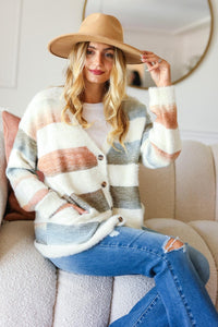 Haptics Full Size Button Down Stripe Soft Fuzzy Sweater Cardigan - Brittney MADE