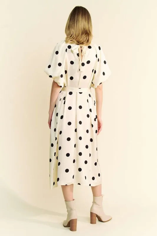Davi & Dani Polka Dot Puff Sleeves Waist Tie Midi Dress - Brittney MADE