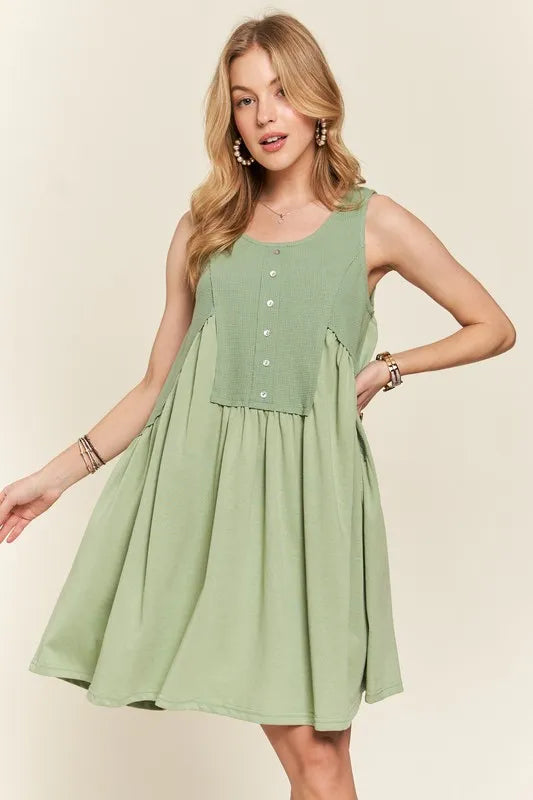 ADORA Decorative Button Sleeveless Babydoll Dress - Brittney MADE