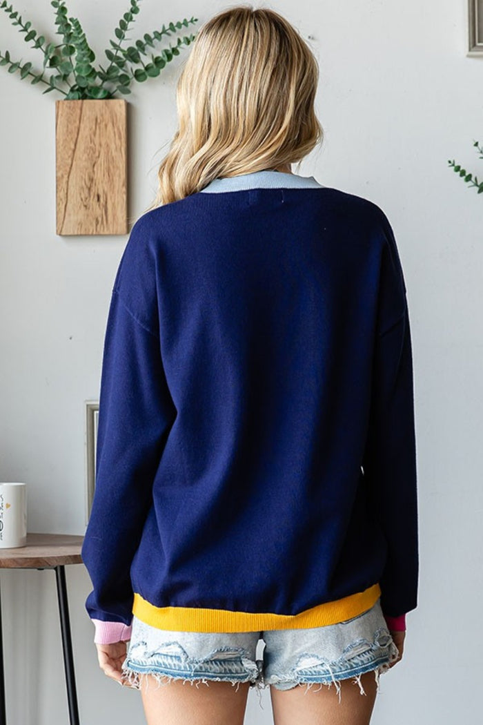 First Love Contrast Ribbed Round Neck Long Sleeve Sweater - Brittney MADE