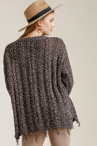 Umgee Full Size Frayed Hem Cable Knit Round Neck Sweater Plus Size - Brittney MADE