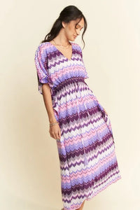 Davi & Dani Multi Color Wavy Tie Waist Flowy Sleeve Dress - Brittney MADE