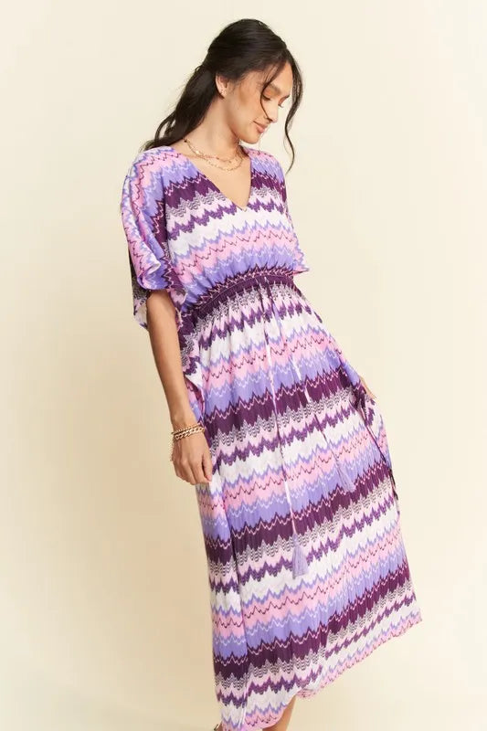 Davi & Dani Multi Color Wavy Tie Waist Flowy Sleeve Dress - Brittney MADE
