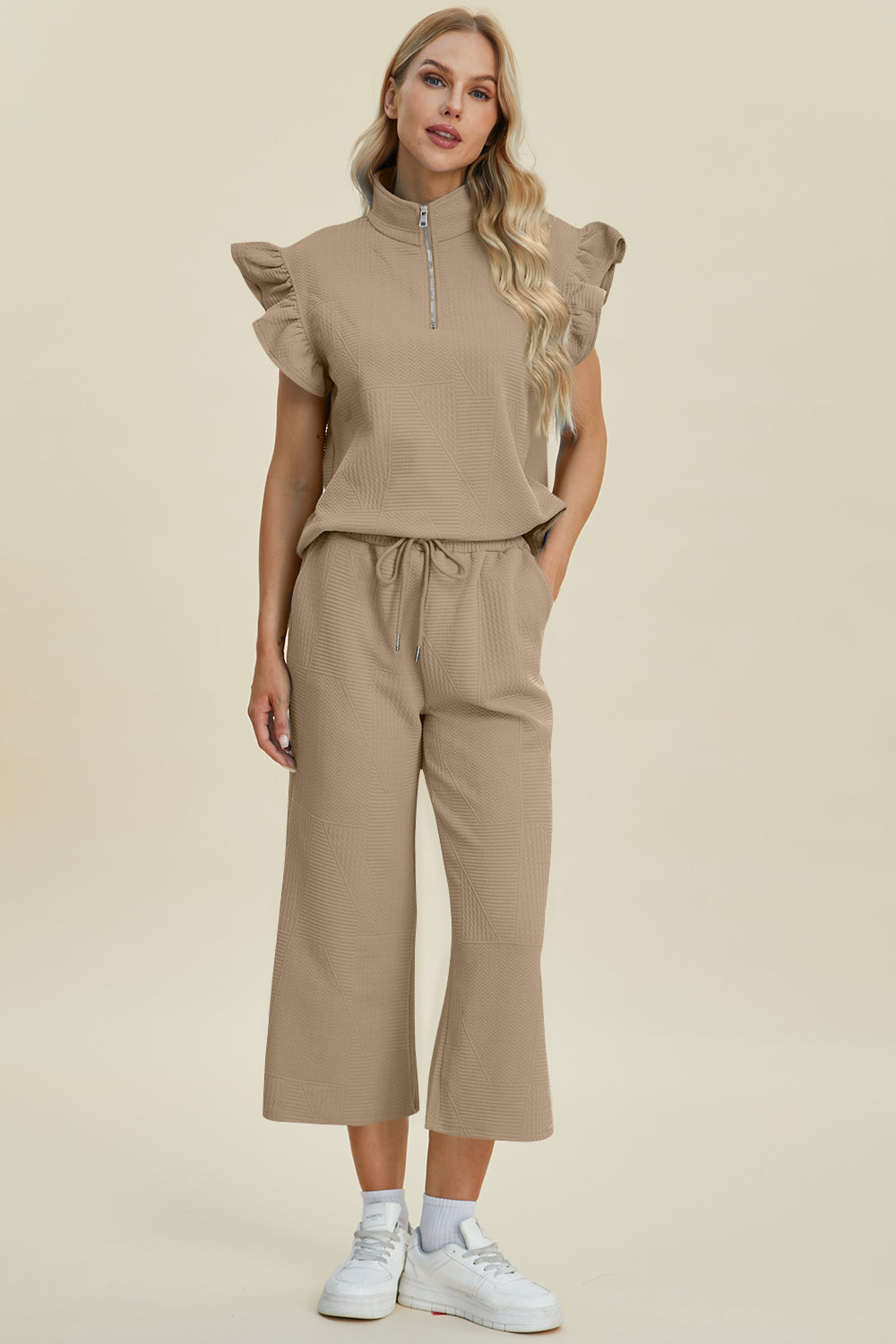 Double Take Full Size Texture Ruffle Short Sleeve Top and Wide Leg Pants Set - Brittney MADE