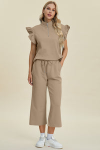 Double Take Full Size Texture Ruffle Short Sleeve Top and Wide Leg Pants Set - Brittney MADE