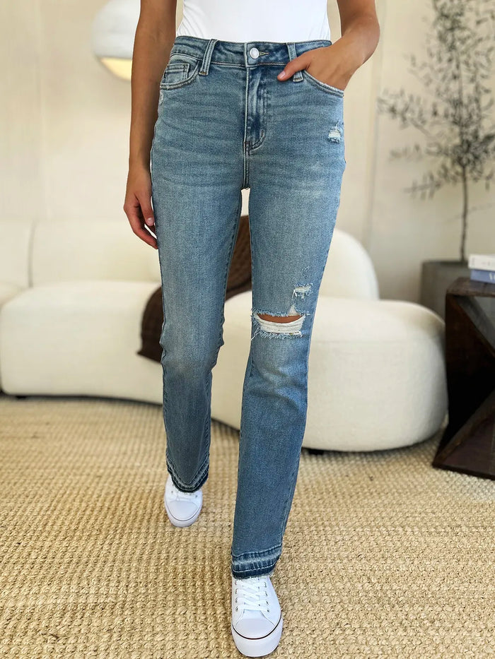Judy Blue Full Size Mid Rise Destroyed Hem Distressed Jeans - Brittney MADE