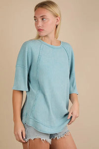VERY J Mineral Washed Ribbed Knit Casual Top - Brittney MADE